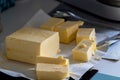 A portrait of a lumb of butter cut in pieces ready to be used in a cake or some other pastry or other dish. The block of dairy Royalty Free Stock Photo