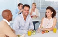 Portrait, lunch and a happy business team eating food during their break in the office at work. Diversity, friends or Royalty Free Stock Photo