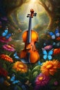 Portrait of a luxury violin, nearby a fairies garden with colorful flowers and butterflies, sunrays, painted, sharp focus, nature