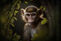 Portrait of a macaque monkey on a tree in the jungle