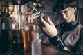 Portrait of a mad scientist chemist in his laboratory in the ste Royalty Free Stock Photo