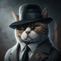 A portrait of a mafia cat in a black hat against a city background. Created with Generative AI