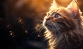 Portrait of Maine Coon cat in front of golden bokeh background