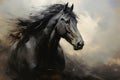 Portrait of Majestic Black Horse. Power and Grace of Wild Horse. Painting in style of Impressionism and oil painting