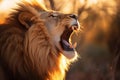 Portrait of a majestic male lion, Roariong big cat, open mouth, fierce lion, King of the jungle, generative ai
