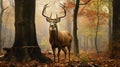 Portrait of majestic powerful adult red deer stag in Autumn Fall forest, AI Generative Royalty Free Stock Photo