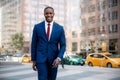 Proud, confident, accomplished, successful, cheerful African American businessman walking confidently to office in downtown financ Royalty Free Stock Photo