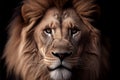 Portrait of a male African lion on a black background. Realistic face, front view. African wildlife mammal feline.