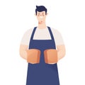 Portrait of a male baker holding bread loafs. Vector illustration