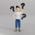 Portrait of a male character in casual clothes, white t-shirt, depicting a confused expression with question mark. Royalty Free Stock Photo