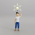 Portrait of a male character in casual clothes, white t-shirt, depicting an idea or innovation with a light bulb symbol above his