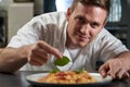 Portrait Of Male Chef Garnishing Plate Of Food In Professional Kitchen Royalty Free Stock Photo