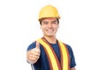 Portrait of male construction worker thumbs up wearing protective clothes, helmet isolated on white background