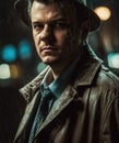 portrait of a male detective in hat and coat on street at night in rain. Generative AI Royalty Free Stock Photo