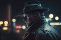 portrait of male detective in noir style in a raincoat and hat in a night city Royalty Free Stock Photo