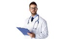 Portrait of male doctor with clipboard in his hand standing at isolated white background Royalty Free Stock Photo