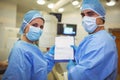 Portrait of male and female surgeons holding clipboard Royalty Free Stock Photo