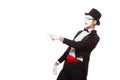 Portrait of a male mime artist performing, isolated on white background. Symbol of mockery, taunt, joke, laugh