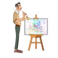 Portrait of male painter artist and mustache smiling and painting with colorful palette standing near easel Royalty Free Stock Photo