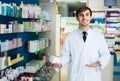 Portrait of male pharmacists working in modern farmacy Royalty Free Stock Photo