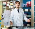 Portrait of male pharmacists working in modern farmacy Royalty Free Stock Photo