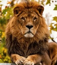 Portrait of a male pride African Lion as the King of Beasts on a fall day or autumn day