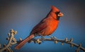 A portrait of a male red Northern Cardinal, blurred blue sky background generative AI