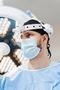 Portrait of male surgeon with headlight in the operating room before surgery. Concept of health care and medicine Royalty Free Stock Photo