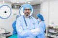 Portrait of male surgeon in operation theater looking at camera. Doctor in scrubs and medical mask in modern hospital operating Royalty Free Stock Photo