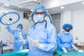 Portrait of male surgeon wearing surgical mask in operation theater at hospital. Healthcare workers in the Coronavirus Covid19 Royalty Free Stock Photo