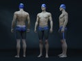 3D render : Portrait of male swimmer model with good physical shape wearing stylish swimsuit, swim cap and goggles