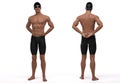 3D Render : The portrait of a swimmer in swimsuit with goggle and cap standing in the studio