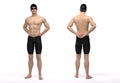 3D Render : The portrait of a swimmer in swimsuit with goggle and cap standing in the studio