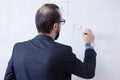 Portrait of male teacher at work. Male professor explain to students, writing resolve on chalkboard