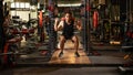 A portrait of a male weightlifter in black sportswear. He does barbell fitness workout in the modern gym. Weightlifting, power