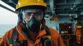 Portrait of a male worker wearing a safety vest and gas mask on a ship. Generative AI