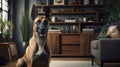 Portrait of a Malinois dog in an apartment, home interior, love and care, maintenance. joyful