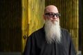 Portrait of man bald man with long gray beard wearing sunglasses and thinking outdoors against bamboo wall Royalty Free Stock Photo