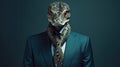 Portrait of man in business suit with anaconda head, symbolizing power, cunning, adaptability in corporate world, neural