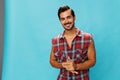 Man happy background trendy smile confident attractive arm