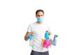 portrait of man with cleaning equipment isolated over white background Royalty Free Stock Photo