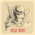 Portrait man in cowboy hat with gun. Gunslinger wild west old poster Royalty Free Stock Photo