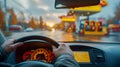 The portrait of a man driving his car against the background of an urban and modern gas station shows the active Royalty Free Stock Photo