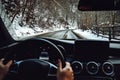 Portrait of man driving new modern car. details of winter roads and blurry dashboard