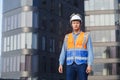 portrait man engineer standing working standing at rooftop building construction. Male technician worker working checking hvac of Royalty Free Stock Photo