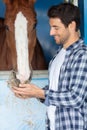 Portrait man farm worker feed horse in stable Royalty Free Stock Photo