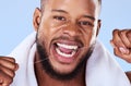 Portrait, man and floss teeth in studio, health dental and self care of gum gingivitis. Face of black male model, thread Royalty Free Stock Photo