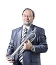 Man in a gray suit with a trumpet Royalty Free Stock Photo