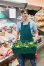 Portrait of man grocer holding a crate of vegetables Royalty Free Stock Photo