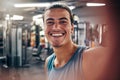 Portrait of man, gym selfie and fitness influencer workout for motivation, sports cardio exercise and wellness training